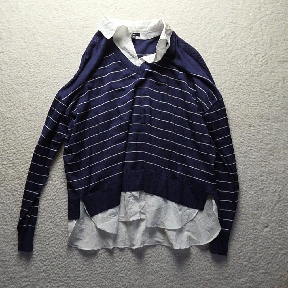 Hilary Radley Sweater Womens XXL Blue Striped V Neck Shirt Hem Pullover